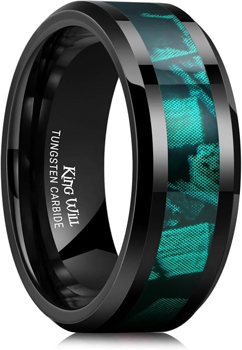 King Will Black Tungsten Wedding Band For Men, 8mm Promise Ring Inlay Red Twill Pattern/Colorful Wood Chips, High Polished Beveled Edge - Suitable For Daily Wear, Comfort Fit Size 7-14