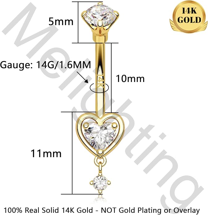 Melighting 14K Solid Gold Belly Button Ring Heart Belly Ring Gold Dangle Belly Piercing Jewelry 14G Navel Ring for Women