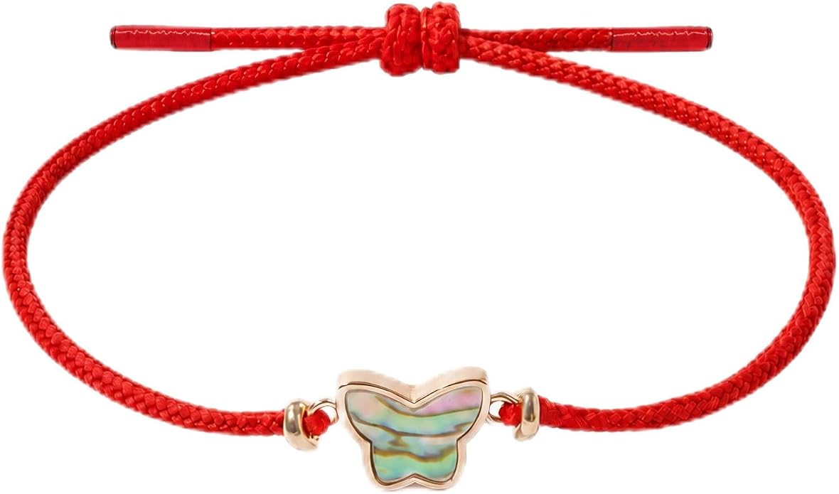 Red String Bracelet for Women, Genuine Abalone Shell Butterfly Charm, Handwoven Adjustable Cord, 14K Gold Filled Accent, Minimalist Friendship Jewelry Gift
