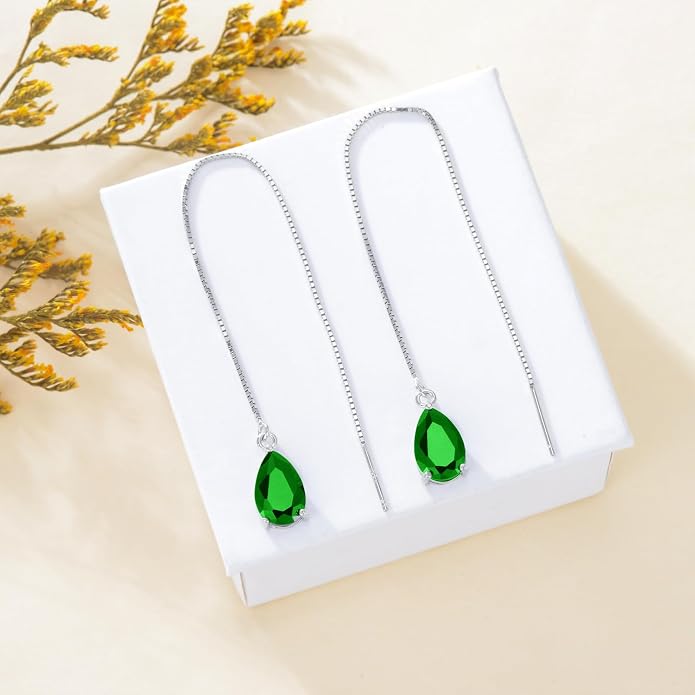 925 Sterling Silver Threader Drop Long Box Chain Ear Line Earrings with 11 * 8mm Birthstone Crystals, Birthday Jewelry Gifts for Women