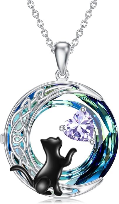 TOUPOP Cat Gifts for Cats Lovers 925 Sterling Silver Black Cat Necklace Celtic Moon Birthstone Jewelry for Women Anniversary Birthday Gift for Her Wife Mom