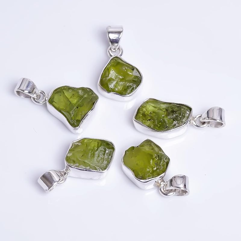 Natural Real Raw Peridot Crystals Bezel Pendant Necklace, Birthstone, Healing Rough Gemstone, 925 Sterling Silver Jewelry 18 inch