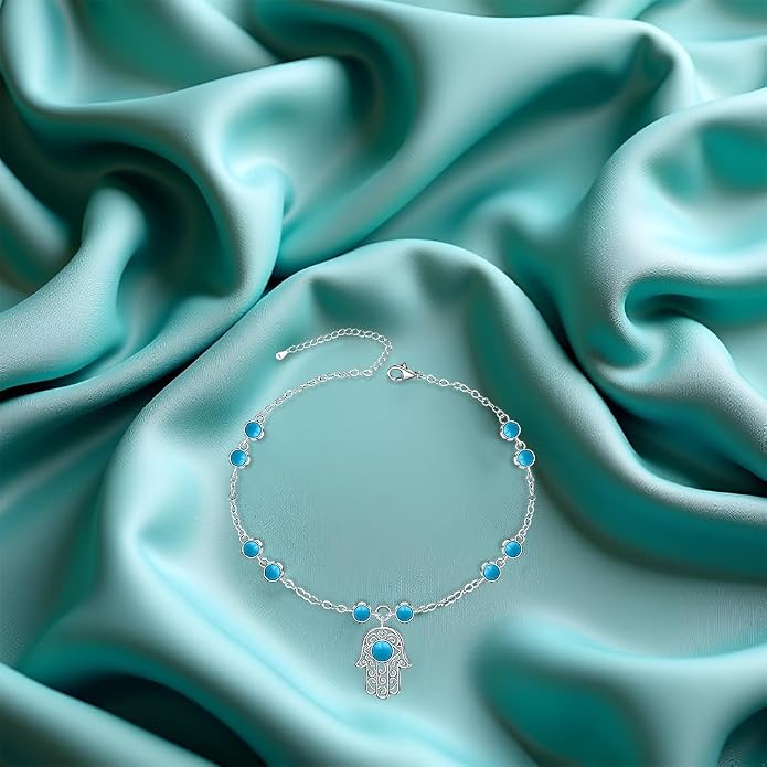 Anklets for Women S925 Sterling Silver Hand of Fatima Charm Dainty Evil Eye Hamsa Hand Anklet Adjustable Turquoise Jewelry Mothers Day Gifts for Mom