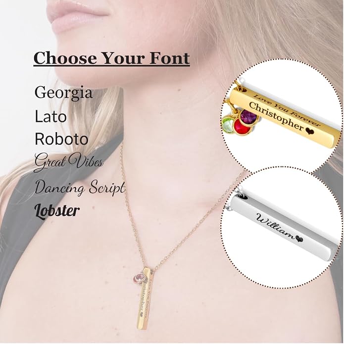Custom Engraved 3D Vertical Pillar Bar Necklace – Personalized Name Pendant – 1 to 4 Sides – Non-Tarnish Stainless Steel – Gold/Silver – Adjustable Chain – Gift for Her, Mom/Dad With Kids Names