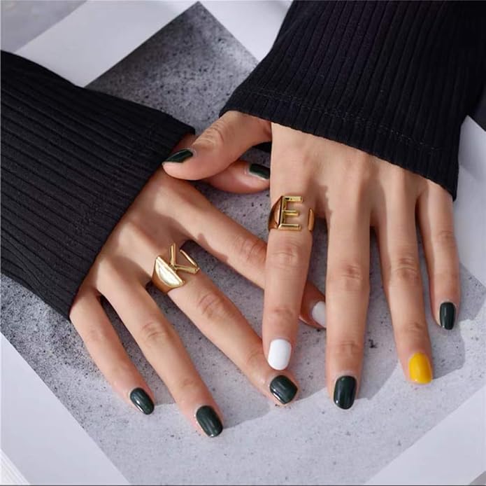 KeyStyle Bold Initial Letter Rings Adjustable, GoldChic Jewelry Women Gold Statement Ring Personalized Engraved Women’s Open Signet Ring for Party (Gold, White Gold, Black)