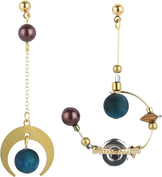 Mismatch Asymmetry Space Planet Drop Earrings, Artisan Celestial Drop Earrings, Blue Solar System Dangle Earrings, Moon Galaxy Earrings for Women Statement Jewelry