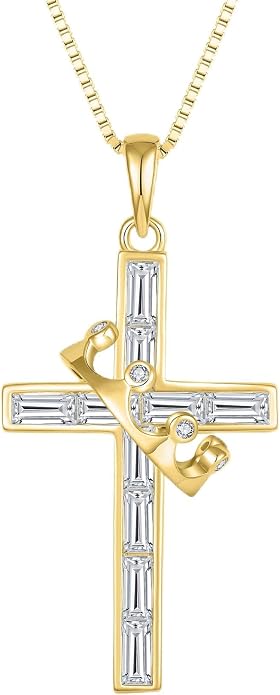 Gemstone Crown Cross Necklaces for Women, 925 Sterling Silver Rectangular cut Zircon Pendant With Rotated Crown Faith Cross Jewelry Gift