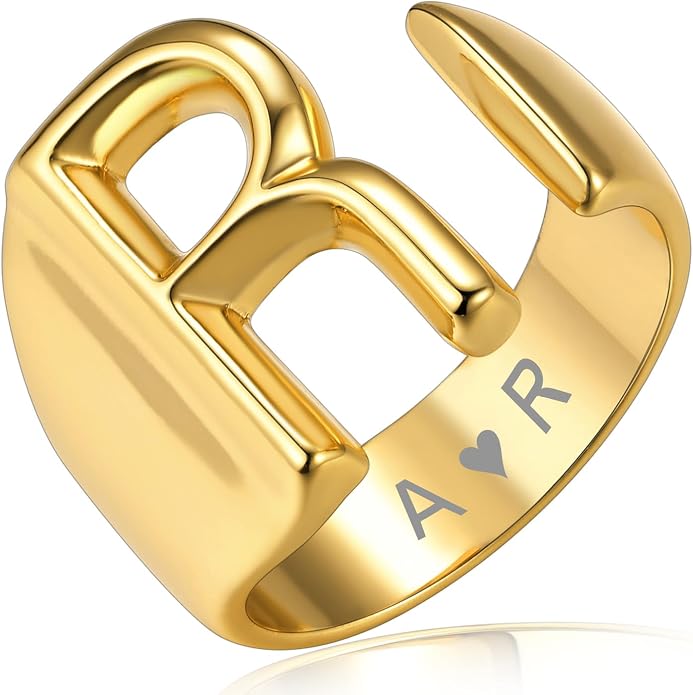 KeyStyle Bold Initial Letter Rings Adjustable, GoldChic Jewelry Women Gold Statement Ring Personalized Engraved Women’s Open Signet Ring for Party (Gold, White Gold, Black)