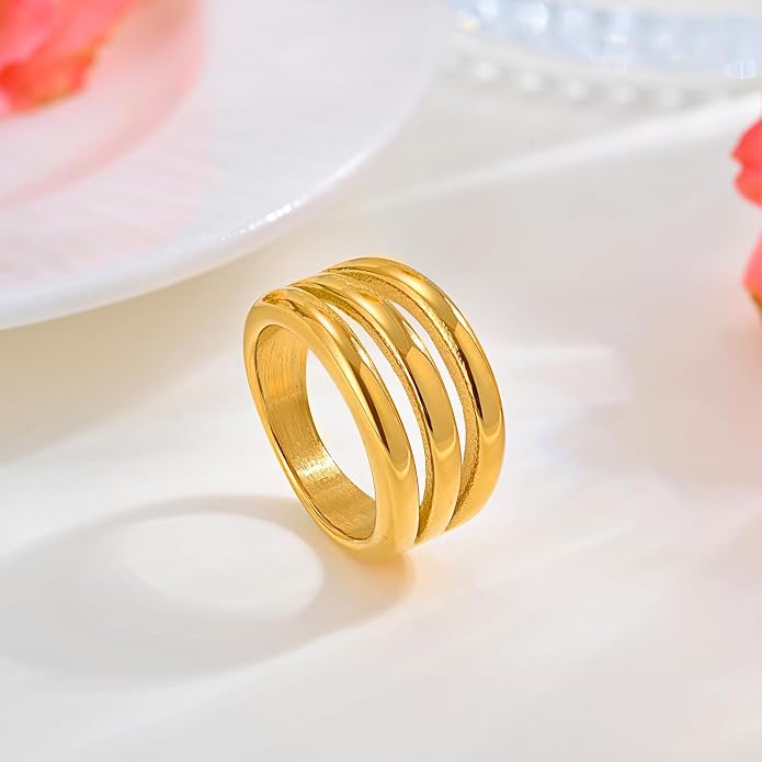 MPRAINBOW Chunky Gold Rings for Women - 18K Gold Plated Ring,Non-Tarnish Stainless Steel Statement Band Trendy Jewelry Gift,Party Prom Christmas Valentines Day Birthday Gifts for Girlfriend Sister