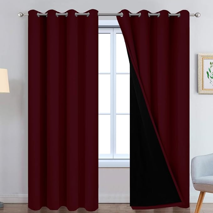 Yakamok Wine Red 100% Blackout Curtains 84 Inches Long 52" Wide 2 Panels | Blackout Curtain Panels for Bedroom, 2 Thick Layers Grommet Top Thermal Insulated Drapes with Black Liner for Living Room