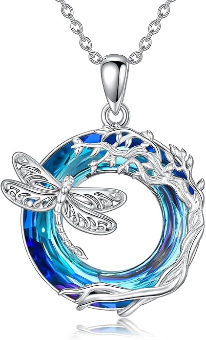 Dragonfly Necklace 925 Sterling Silver Dragonfly/Sunflower Bee Pendant Necklace Dragonfly with Blue Circle Crystal Dragonfly Jewelry Gifts as Holiday Christmas Gifts for Women