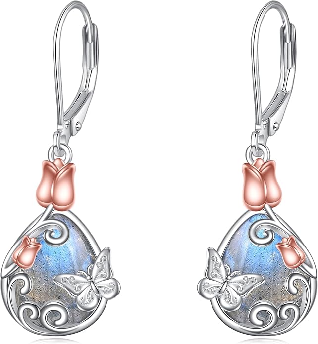 AOBOCO Teardrop Dangle Earrings for Women 925 Sterling Silver Moonstone Flower Filigree Leverback Jewelry Birthday