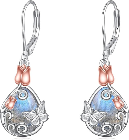 AOBOCO Teardrop Dangle Earrings for Women 925 Sterling Silver Moonstone Flower Filigree Leverback Jewelry Birthday
