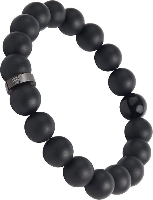 Forge & Foundry Men’s Matte Black Solid Onyx Beaded Bracelet | 10mm, 8mm, 6mm Bead Size Options | Signature Stainless Steel Engraved Bead | Andalus