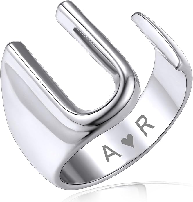 KeyStyle Bold Initial Letter Rings Adjustable, GoldChic Jewelry Women Gold Statement Ring Personalized Engraved Women’s Open Signet Ring for Party (Gold, White Gold, Black)