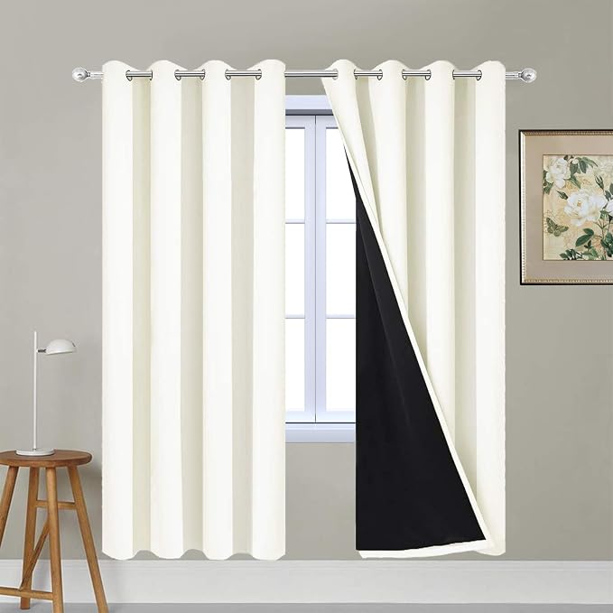 Yakamok Cream 100% Blackout Curtains 72 Inches Long for Bedroom 52" Wide | Blackout Curtain Panels for Bedroom, 2 Thick Layers Grommet Top Thermal Insulated Drapes with Black Liner for Living Room