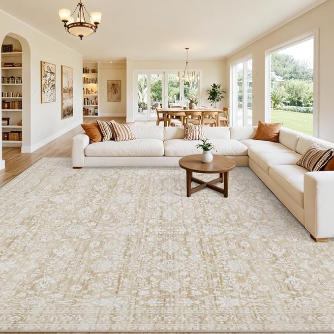 8x10 Area Rugs for Living Room: Vintage Boho Neutral Washable Rug Indoor Soft Large Area Rug Carpet for Bedroom Nursery Farmhouse Dining Room Office Floor Non-Slip Low Pile Under Table Natural Beige