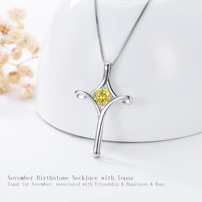TOUPOP Cross Necklace for Women 925 Sterling Silver Birthstone Cross Pendant Fine Jewelry Anniversary Birthday Mothers Day Gifts for Mom Wife Her