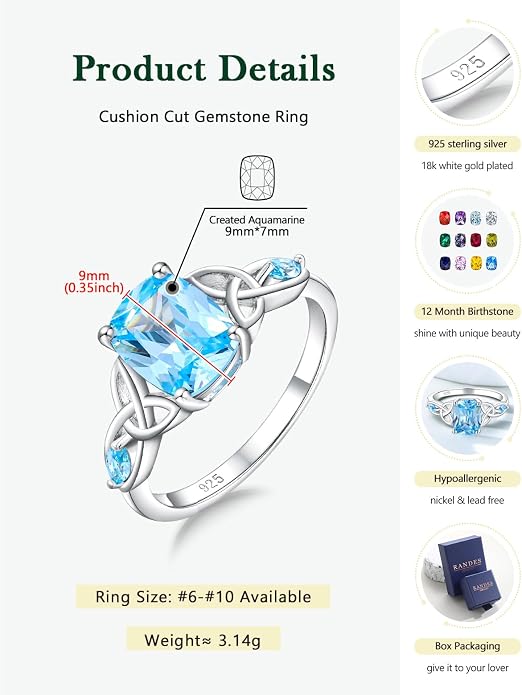 925 Sterling Silver Birthstone Rings for Women Cushion Cut Engagement Celtic Knot Ring Irish Jewelry Created Gemstone Anniversary Rings Size 6-10(with Box)