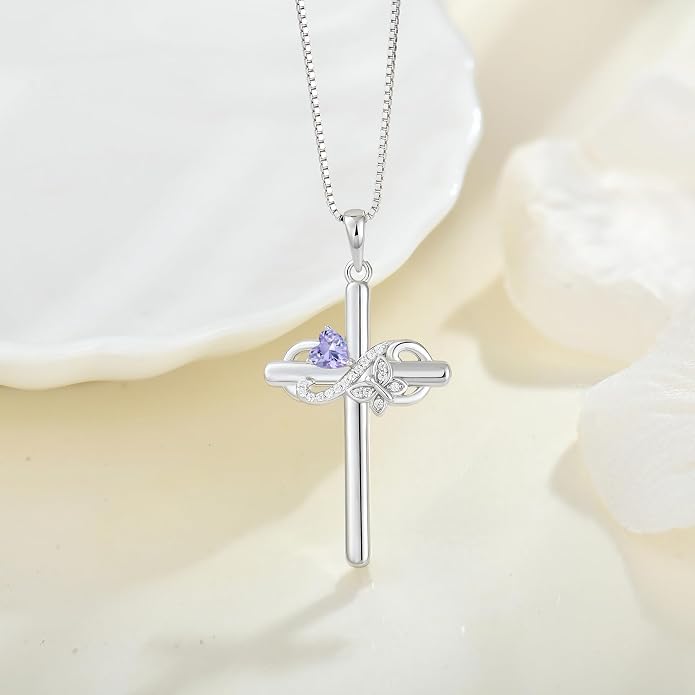 Infinity Butterfly Cross Necklace for Women 925 Sterling Silver Christian Religious Crucifix Pendant Birthstone Jewelry Gifts for Her