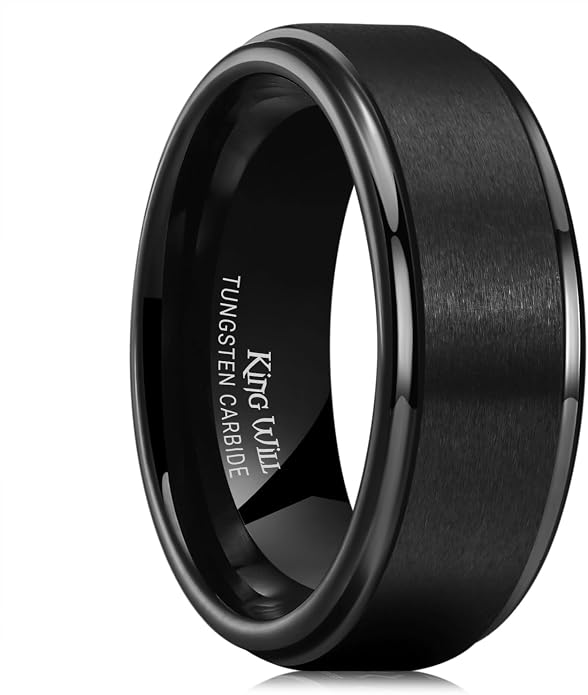 King Will 8mm Black Silver Mens Polished Tungsten Wedding Rings High Polish Surface Wedding Band Blue Silver Step Edge Comfort Fit