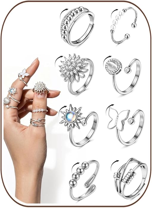 FIBO STEEL Fidget Anxiety Rings for Women - 8Pcs 14K Gold Plated Spinner Adjustable Rings Stress Relief Open Ring Stacks CZ Sun flower Butterfly Bead Evil Eye Non Tarnish Ring Set