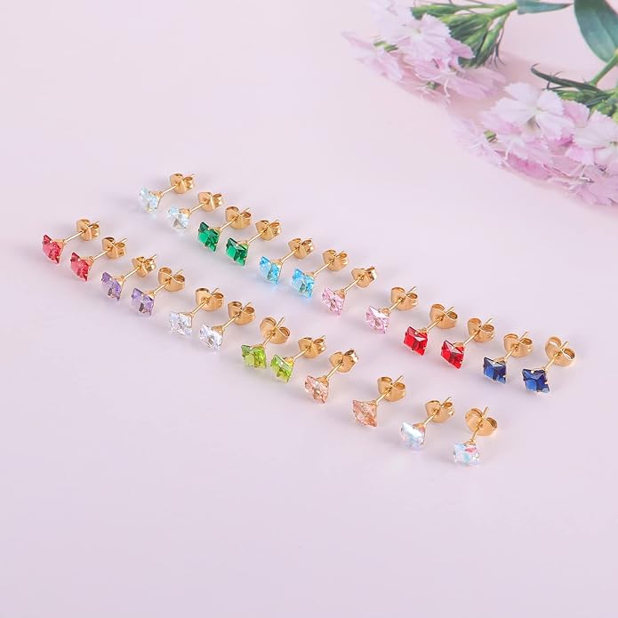 12 Pairs 18K Gold Plated Surgical Stainless Steel Stud Earrings, Star Heart Square Stud Earring for Women, Cubic Zirconia Birthstone Stud Earrings Set
