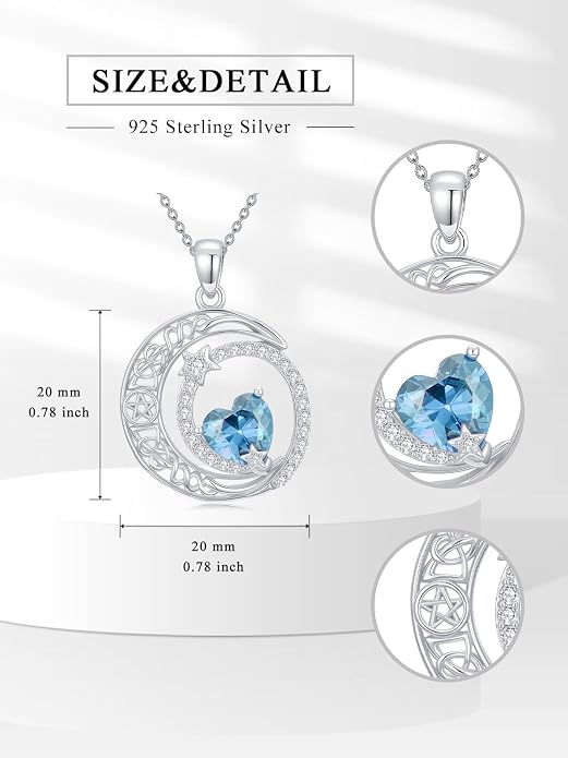 Dorunmo Heart Birthstone Necklace for Women 925 Sterling Silver Moon and Star Pendant Birthday Jewelry Gifts for Wife Her Daughter Mom
