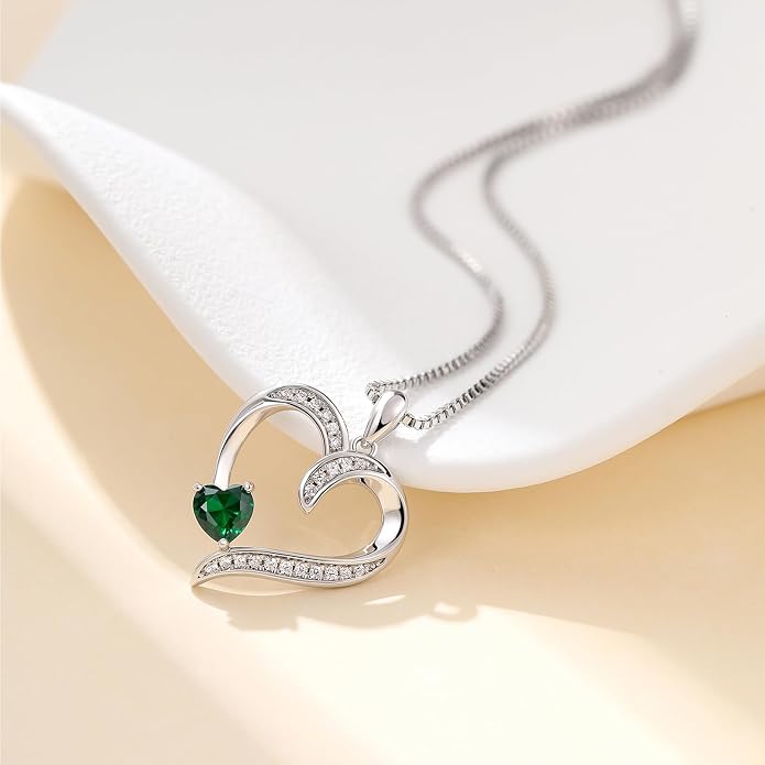 Love Heart Necklace for Women, 925 Sterling Silver Cubic Zirconia Birthstone Heart Pendant Jewelry Gift for Mom, Mother, Wife, Girlfriend on Birthday, Mother's Day, Chain 18 inch