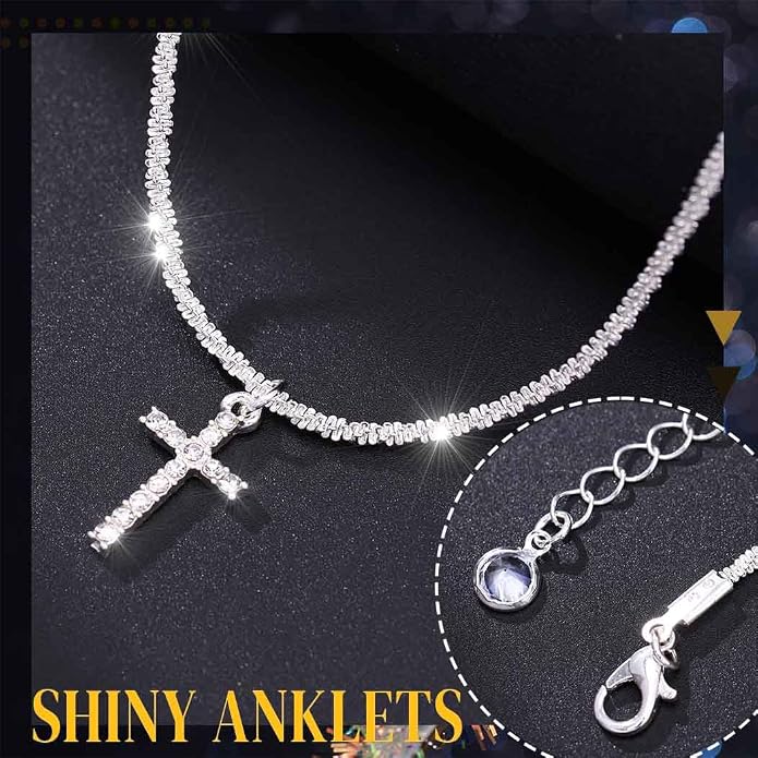 Yalice 925 Sterling Silver Ankle Bracelets for Women Dainty 14K Gold Plated Anklets Set Shiny Waterproof Ankle Chain Cross Beach Foot Jewelry Gifts