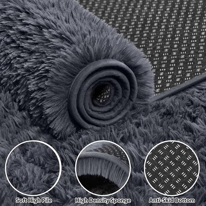Area Rugs 9x12 Living Room Bedroom: Soft Fluffy Shag Rugs Upgrade Non-Slip High Pile Carpet Large Fuzzy Plush Indoor Floor Shaggy Carpets for Nursery Kid Playroom Office Dorms Home Decor Grey