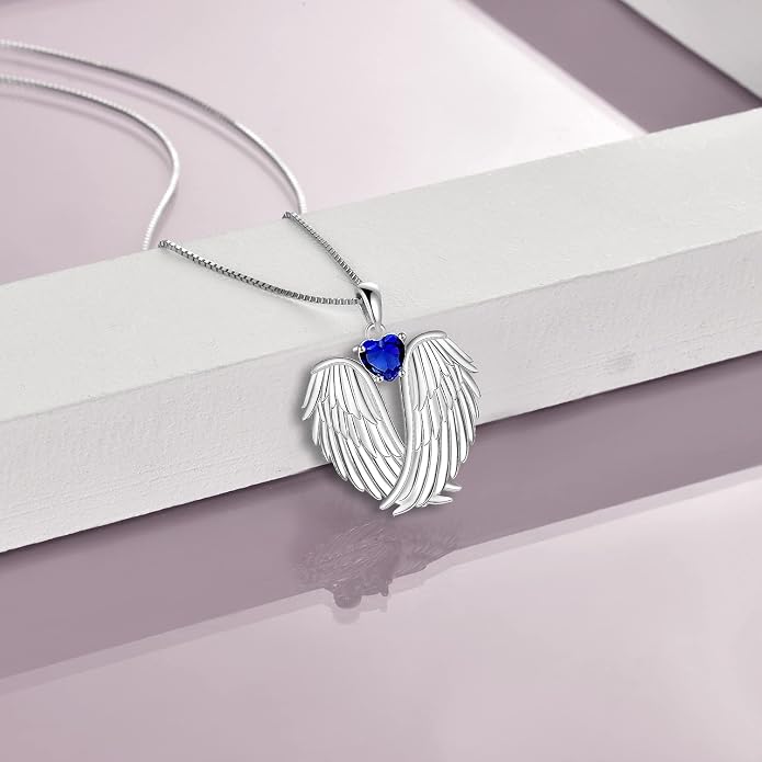 YFN Angel Wings Necklace 925 Sterling Silver Guardian Angel Wings Pendant Necklace Birthstone Necklace for Women Girls Christmas Jewelry Gifts