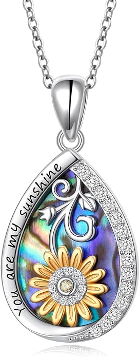 DAOCHONG 925 Sterling Silver Filigree Moonstone Sunflower Necklace Celtic Teardrop Abalone Shell Jewelry for Women Birthday Christmas Anniversary