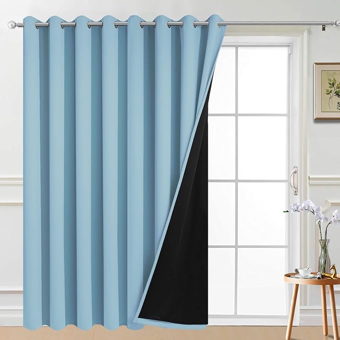 Yakamok Sky Blue Blackout Patio Door Curtain Panels W100 x L84, 1 Panel | Noise Reducing Barrier Panel for Sliding Glass Door, 2 Thick Layers Heat Full Light Blocking Patio Door Drapery