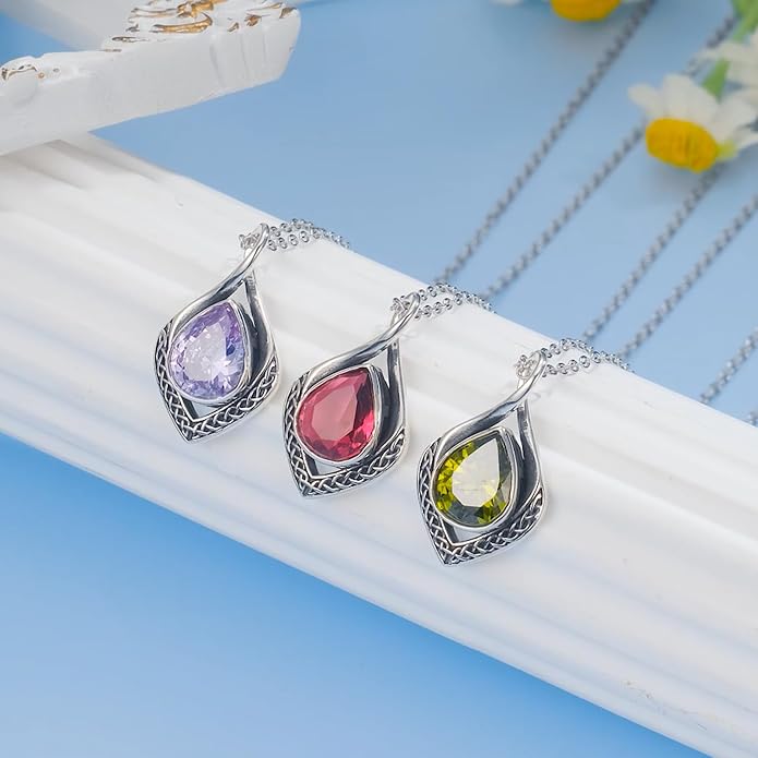 PELOVNY Celtic Knot Necklaces for Women 925 Sterling Silver Gemstone/Birthstone Teardrop Infinity Necklace Irish Celtic Pendant Jewelry Gifts for Mom Daughter Wife