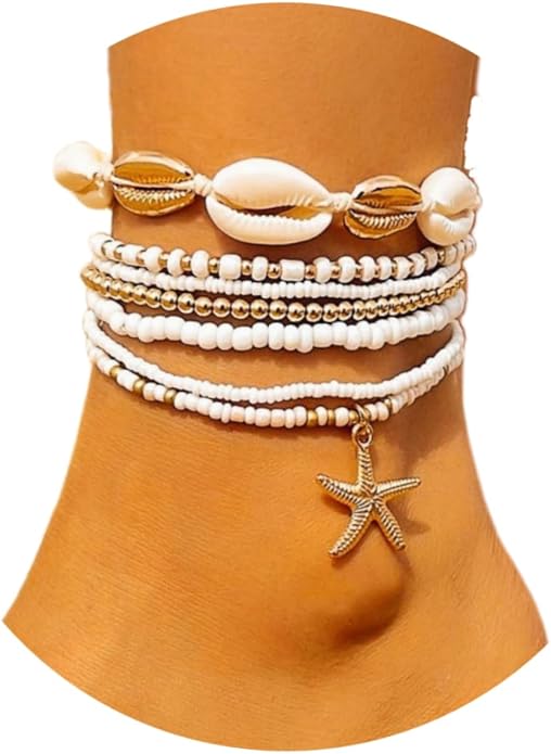 Boho Beaded Shell Anklet Bracelets for Women, 7 Pcs Layered Cowrie Shell & Colorful Beaded Ankle Bracelets with Gold Starfish Charm, Adjustable Summer Beach Foot Jewelry Gifts