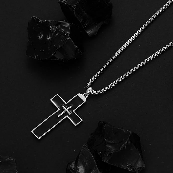 KXJ S925 Sterling Silver Black Cross/Best Dad/Baseball Bat/Silver Cross/Ankh Cross/Crucifix with 22+2 Inches Stainless Steel Rolo Chain Cross Necklace for Men Women Christian Religious Jewelry Gifts
