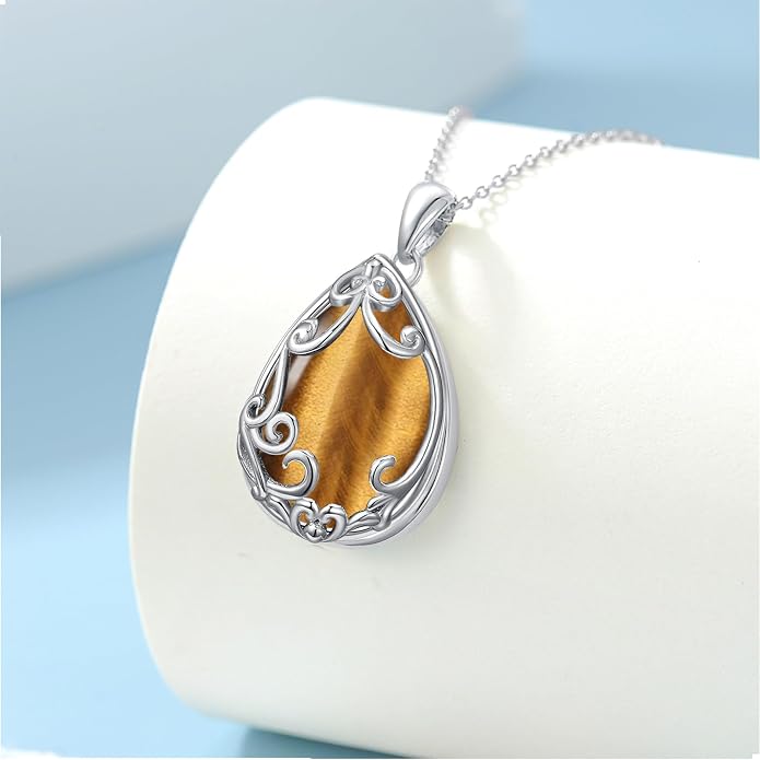 HPQQ Teardrop Necklace 925 Sterling Silver Filigree Gemstone Pendant Necklace Fine Jewelry Birthday Mother's Day Gifts for Women Her Mom