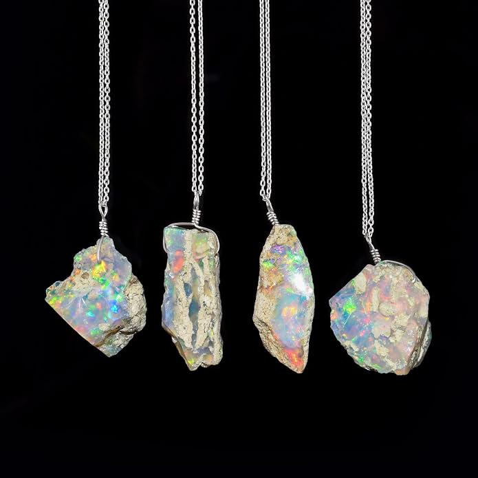 Ultra Fire Raw Ethiopian Opal Rough Dainty Pendant Necklace For Women, Healing Chakra Crystals, Handmade October Birthstone Jewelry, 925 Silver Chain 18 inch, Wedding Gift
