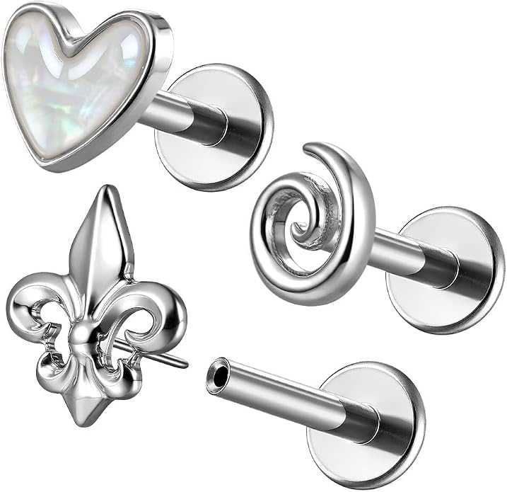 Casvort 3 PCS ASTM F136 Titanium 16G/18G Moth Bird Snail Flower Heart Spiral Threadless Flatback Piercing Stud for Nose, Labret, Tragus, Helix, Conch with 6mm 7mm and 8mm Post- Cartilage Earring Body Piercing Jewelry