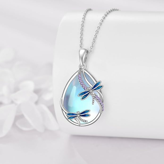 KQF Dragonfly/Butterlfy/Cat/Jellyfish/Bunny/Axolotl/Bee/Mermaid/Hummingbird/Elephant Necklace for Women Sterling Silver Moonstone Pendant Necklace Dragonfly Jewelry Gifts for Women