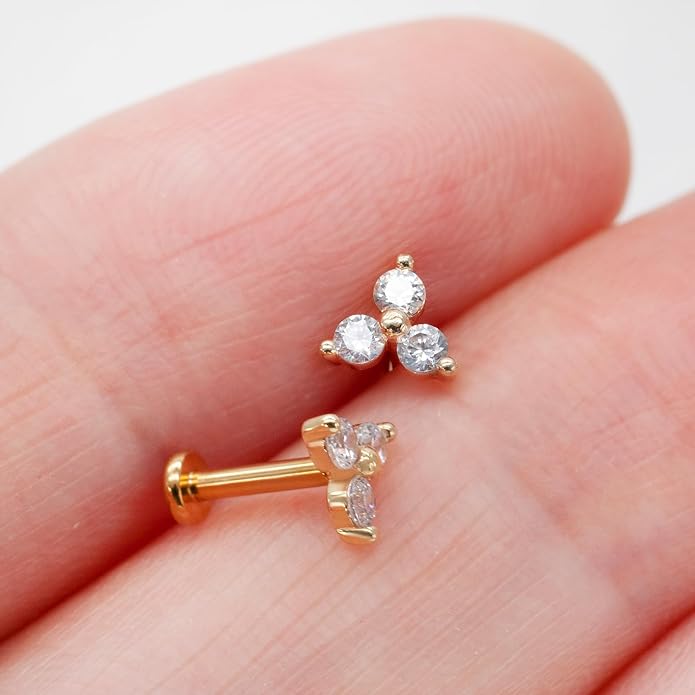 14K Yellow/White/Rose Gold Threadless Earring Top Push in 1 Pcs Triple Clear CZ Flat Back Nose Stud Threadless Cartilage Earring Helix Stud Tragus Piercing Jewelry for Women 6mm/8mm