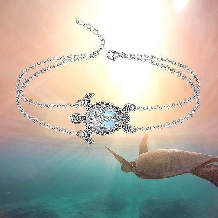 Fenthring Turtle Anklet S925 Sterling Silver Blue Opal Sea Turtle Ankle Bracelets for Women Infinity Wave Ocean Beach Summer Foot Bracelet Jewelry Layered Adjustable