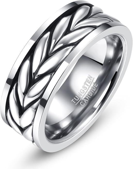 NUNCAD Tungsten Rings for Men 925 Sterling Silver Celtic Knot Braided Inlay Viking Style Tungsten Carbide Ring Comfort Fit Size 8-11