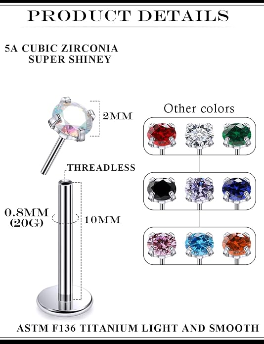 20G 18G 16G Astm F136 Titanium Threadless Flat Back Earrings Nose Studs Tragus Helix Conch Cartilage Lobe Earrings Medusa Labret Snake Bite Monroe Lip Ring Piercing Jewelry For Women Men