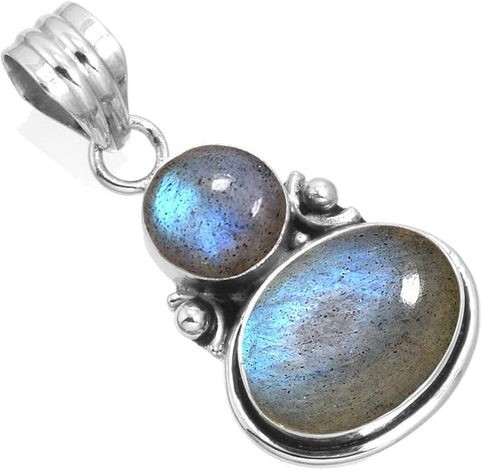 Handmade Genuine 925 Sterling Silver Pendant Necklace Natural Gemstone Crystal, Lapis, Onyx, Amber Oval Round Boho Jewelry For Women