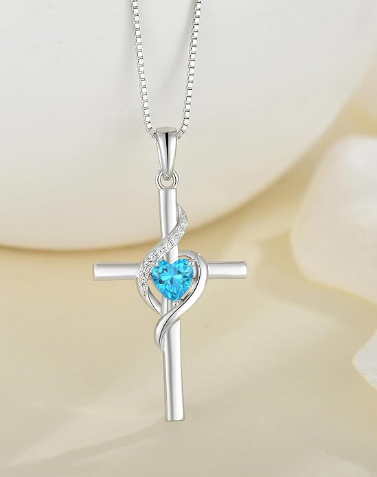 Cross Necklace 925 Sterling Silver Infinity Pendant Heart Birthstone Anniversary Jewelry for Women
