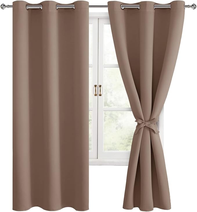 Hiasan Blackout Curtains for Bedroom, 38 x 63 Inches Length - Thermal Insulated & Light Blocking Window Curtains for Living Room, 2 Drape Panels Sewn with Tiebacks, Cappuccino