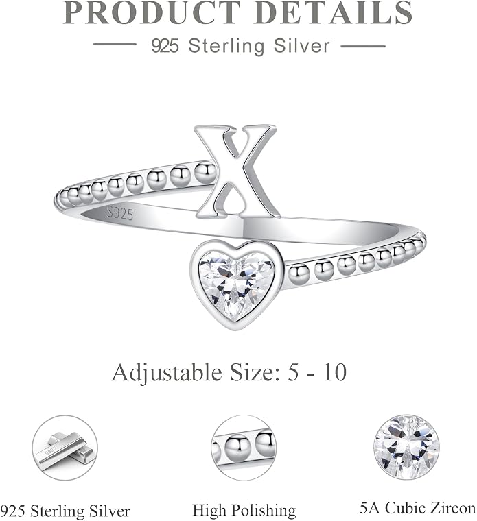 Step Forward 925 Sterling Silver Adjustable Initial Ring for Women | Non Tarnish Letter Rings for Lady | Alphabet Heart Thumb Rings | Capital Letter Jewelry Gifts