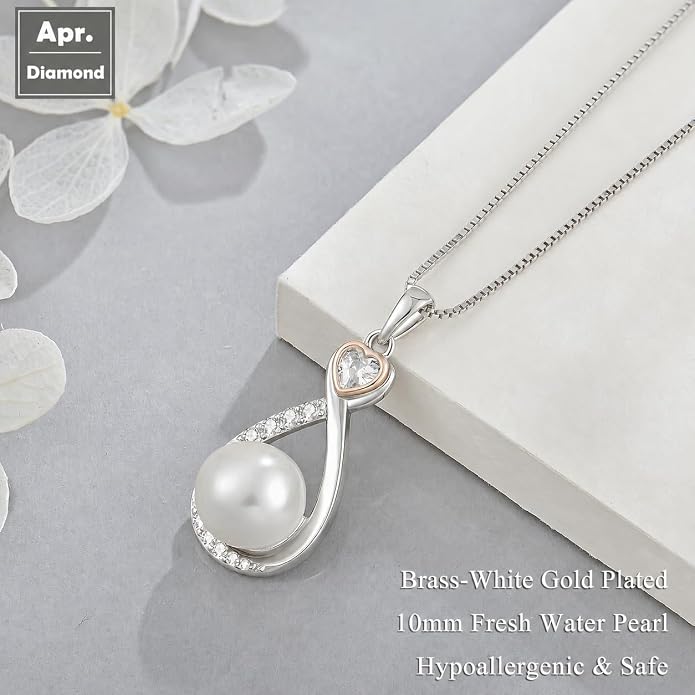 Heart Birthstone Pearl Pendant Necklace, 925 Sterling Silver Infinity Necklace with 10mm Freshwater Cultured Pearl & 4mm Gemstone Jewelry for Women